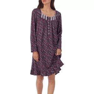 EILEEN WEST Black/ Pink 100% COTTON KNIT Long Sleeve Short Nightgown Sz L